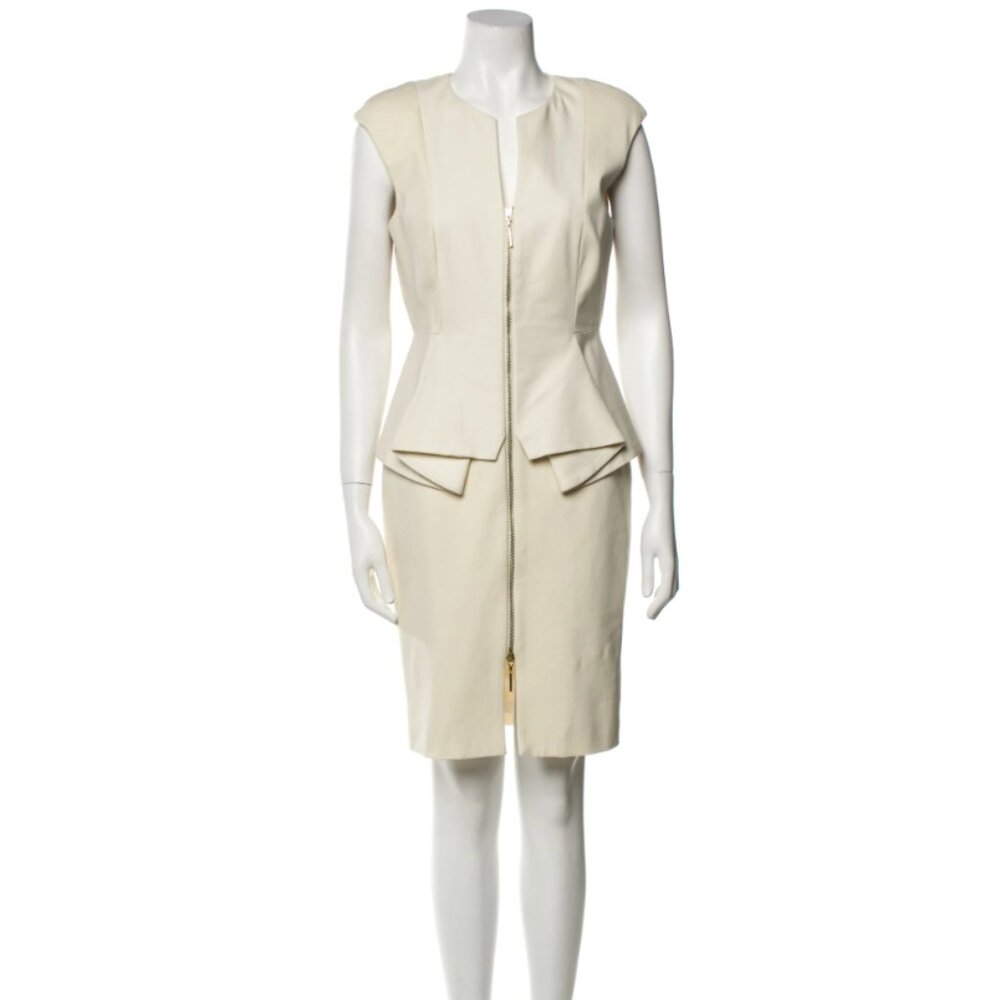 Ted Baker V-Neck Front Zip Peplum Dress • Ivory • Size 2 (US Size 6) - Picture 3 of 6